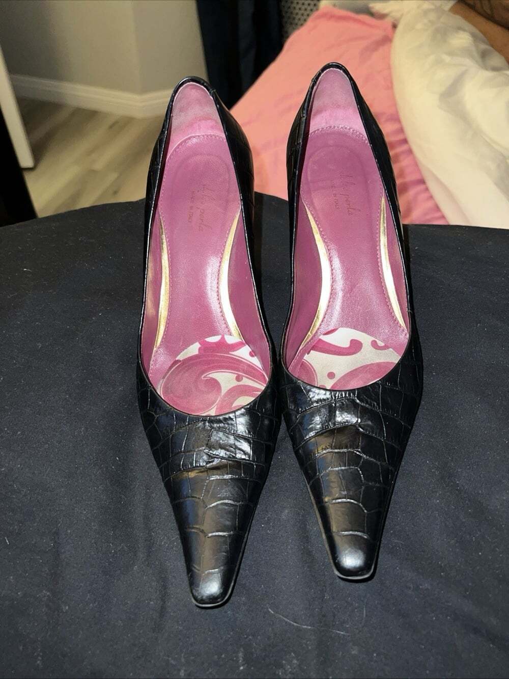 Dolce Perla Black Genuine Leather Snake Skin Heels W/ Purple Insole Accent Italy